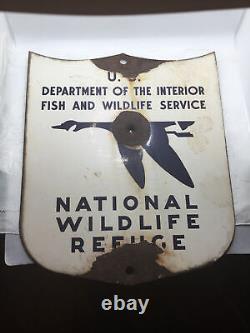 Old National Wildlife Refuge Porcelain sign with bullet hole on goose