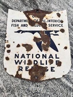 Old National Wildlife Refuge Porcelain sign with bullet holes Authentic Metal