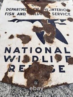 Old National Wildlife Refuge Porcelain sign with bullet holes Authentic Metal