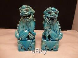 Old Pair Of Vintage Chinese Turquoise Foo Dogs Set Of 2 Antique Signed