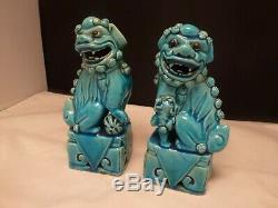 Old Pair Of Vintage Chinese Turquoise Foo Dogs Set Of 2 Antique Signed