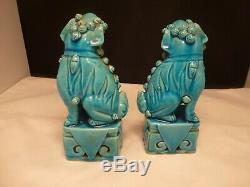 Old Pair Of Vintage Chinese Turquoise Foo Dogs Set Of 2 Antique Signed