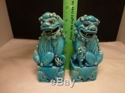 Old Pair Of Vintage Chinese Turquoise Foo Dogs Set Of 2 Antique Signed