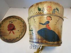 Old Pennsylvania Dutch Folk Art Hand painted Wood Yarn holder Bucket barrel 9½T