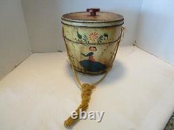 Old Pennsylvania Dutch Folk Art Hand painted Wood Yarn holder Bucket barrel 9½T