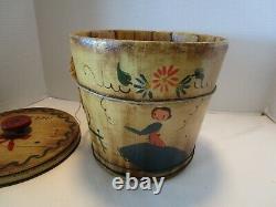 Old Pennsylvania Dutch Folk Art Hand painted Wood Yarn holder Bucket barrel 9½T