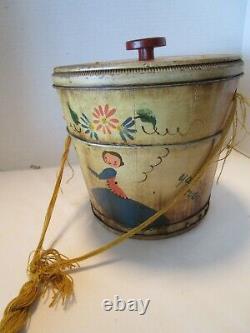 Old Pennsylvania Dutch Folk Art Hand painted Wood Yarn holder Bucket barrel 9½T