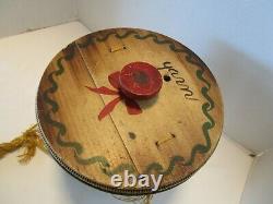 Old Pennsylvania Dutch Folk Art Hand painted Wood Yarn holder Bucket barrel 9½T