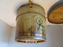 Old Pennsylvania Dutch Folk Art Hand painted Wood Yarn holder Bucket barrel 9½T