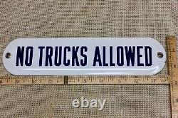 Old Porcelain Sign NO TRUCKS ALLOWED Blue on White Vintage 1920's Antique