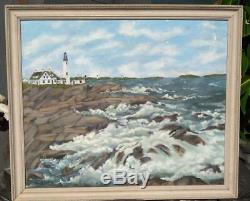 Old Portland Head Lighthouse Maine Coastal Landscape Oil Painting Seascape Waves
