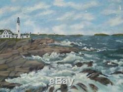 Old Portland Head Lighthouse Maine Coastal Landscape Oil Painting Seascape Waves