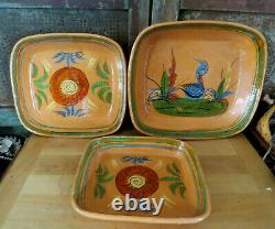 Old REDWARE Folk Art Pottery Square Dinner Serving Plates Flowers & Bird Set 3