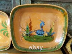 Old REDWARE Folk Art Pottery Square Dinner Serving Plates Flowers & Bird Set 3