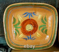 Old REDWARE Folk Art Pottery Square Dinner Serving Plates Flowers & Bird Set 3