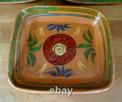 Old REDWARE Folk Art Pottery Square Dinner Serving Plates Flowers & Bird Set 3