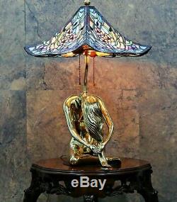 Old Tiffany Style Mosaic Shade Leaded Stained Glass Lamp Gold Brass Signed Base