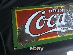 Old Vintage Antique Coca Cola 30 x10 Porcelain Advertising Sign for Restoration