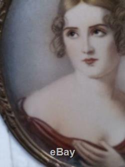 Old Vintage Antique Portrait Miniature Oil Painting Woman Young Lady Framed Art