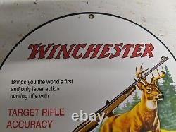 Old Vintage Dated 1955 Winchester Porcelain Metal Hunting Gun Dealer Sign Hunt