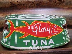 Old Vintage Sea Glory Porcelain Sign Tuna Fish Factory Diecut Fisherman Food