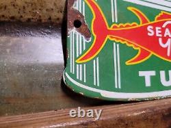 Old Vintage Sea Glory Porcelain Sign Tuna Fish Factory Diecut Fisherman Food