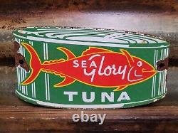 Old Vintage Sea Glory Porcelain Sign Tuna Fish Factory Diecut Fisherman Food