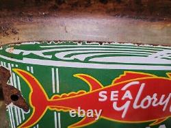 Old Vintage Sea Glory Porcelain Sign Tuna Fish Factory Diecut Fisherman Food
