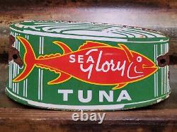 Old Vintage Sea Glory Porcelain Sign Tuna Fish Factory Diecut Fisherman Food