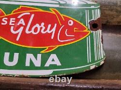 Old Vintage Sea Glory Porcelain Sign Tuna Fish Factory Diecut Fisherman Food