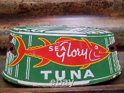 Old Vintage Sea Glory Porcelain Sign Tuna Fish Factory Diecut Fisherman Food