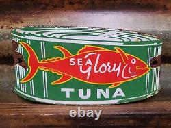 Old Vintage Sea Glory Porcelain Sign Tuna Fish Factory Diecut Fisherman Food