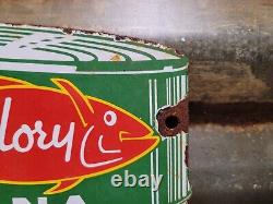 Old Vintage Sea Glory Porcelain Sign Tuna Fish Factory Diecut Fisherman Food