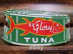 Old Vintage Sea Glory Porcelain Sign Tuna Fish Factory Diecut Fisherman Food