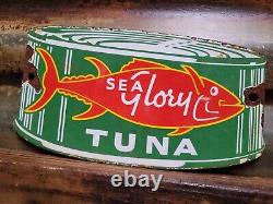 Old Vintage Sea Glory Porcelain Sign Tuna Fish Factory Diecut Fisherman Food