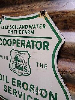 Old Vintage Soil Erosion Service Porcelain Sign Dept Interior Farm Water Shield