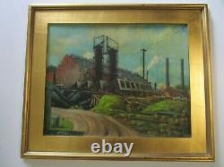 Old Wpa Era Factory Industrial Painting American Regionalism Landscape Antique