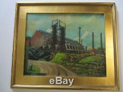 Old Wpa Era Factory Industrial Painting American Regionalism Landscape Antique