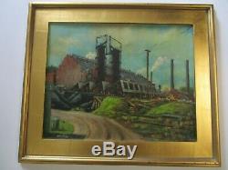 Old Wpa Era Factory Industrial Painting American Regionalism Landscape Antique