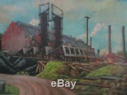 Old Wpa Era Factory Industrial Painting American Regionalism Landscape Antique