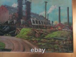 Old Wpa Era Factory Industrial Painting American Regionalism Landscape Antique