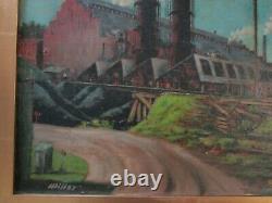 Old Wpa Era Factory Industrial Painting American Regionalism Landscape Antique