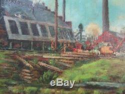 Old Wpa Era Factory Industrial Painting American Regionalism Landscape Antique