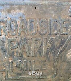 Old antique ARKANSAS highway embossed sign ROADSIDE PARK 1 MILE