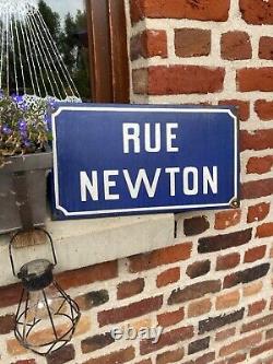 Old antique vintage french enamel street sign Rue Newton France