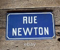 Old antique vintage french enamel street sign Rue Newton France