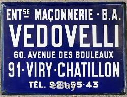 Old blue French enamel building sign plaque notice Vedovelli mason builder Paris