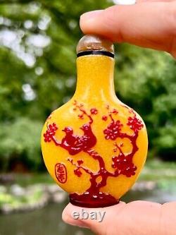 Old high quality extraordinary intricately carved peking glass snuff bottle sign