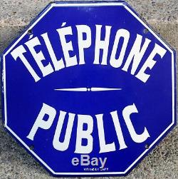 Old octagonal blue French enamel steel sign plaque plate notice public telephone