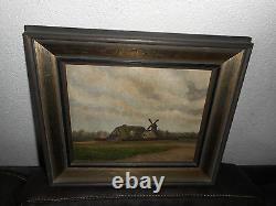 Old oil painting, Landscape with a farm and a windmill, is signed antique